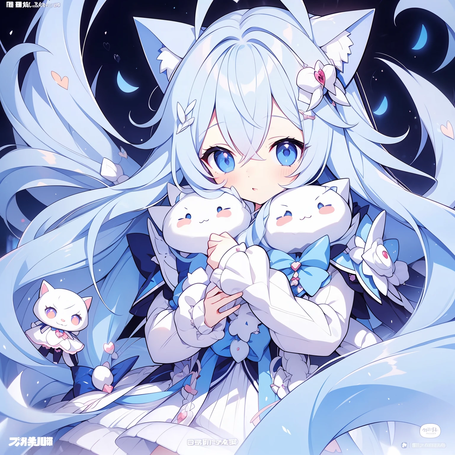 Anime girl with long hair, blue eyes, white bow+White Cat Girl+[adolable、big breasts beautiful、Cat ears]+White-haired fox+Anime Catwoman+Very beautiful anime cat girl+White(cat)Girl+very beautiful cute catgirl+Holo is a wolf girl+Cute anime girl+anime cat