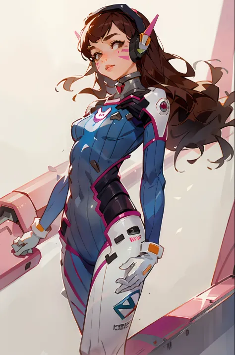 masterpiece, best quality,1girl, d.va (overwatch), solo, long hair, whisker markings, bodysuit, brown hair, facial mark, gloves,...