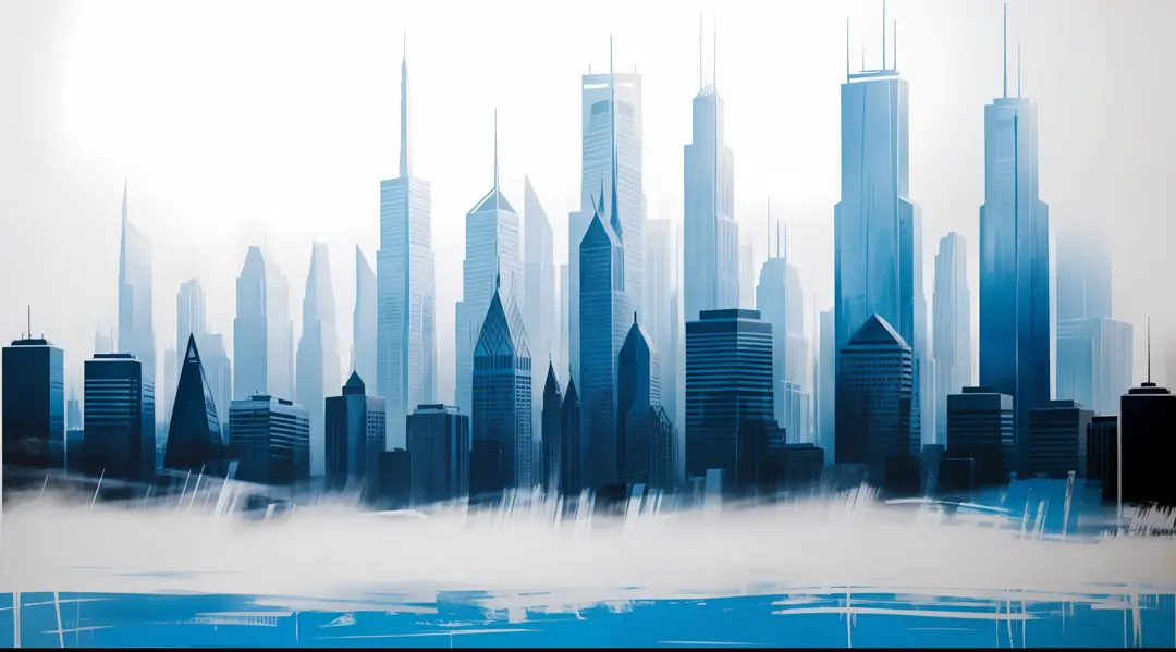 (abstract:0.2), modern art painting, bold brushstrokes of thick texturized paint, fog, street view of skyscrapers, blue, white a...