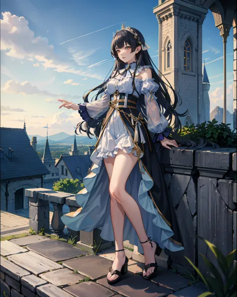 (fantasy castle, gorgeous view) (full body shot), mayuzumi fuyuko ,​masterpiece,looking at you,long hair,twin-tailed,the feet, s...