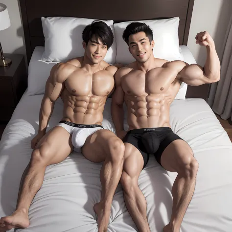 2boys，musculous，No pants，Lying on a light gray bed，Shoulder，With a smile，Do not cover the quilt， 46-foot big feet，Full body photo，with short black hair，tmasterpiece，Fine，Asia face，fullnude，Best Picture Quality，真实感，Delicate handsome face，flat lay，White thon...