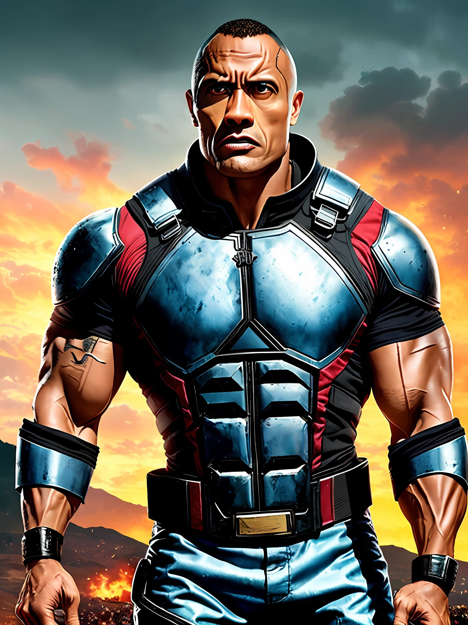 Create an image of the rock actor in the body of iron man