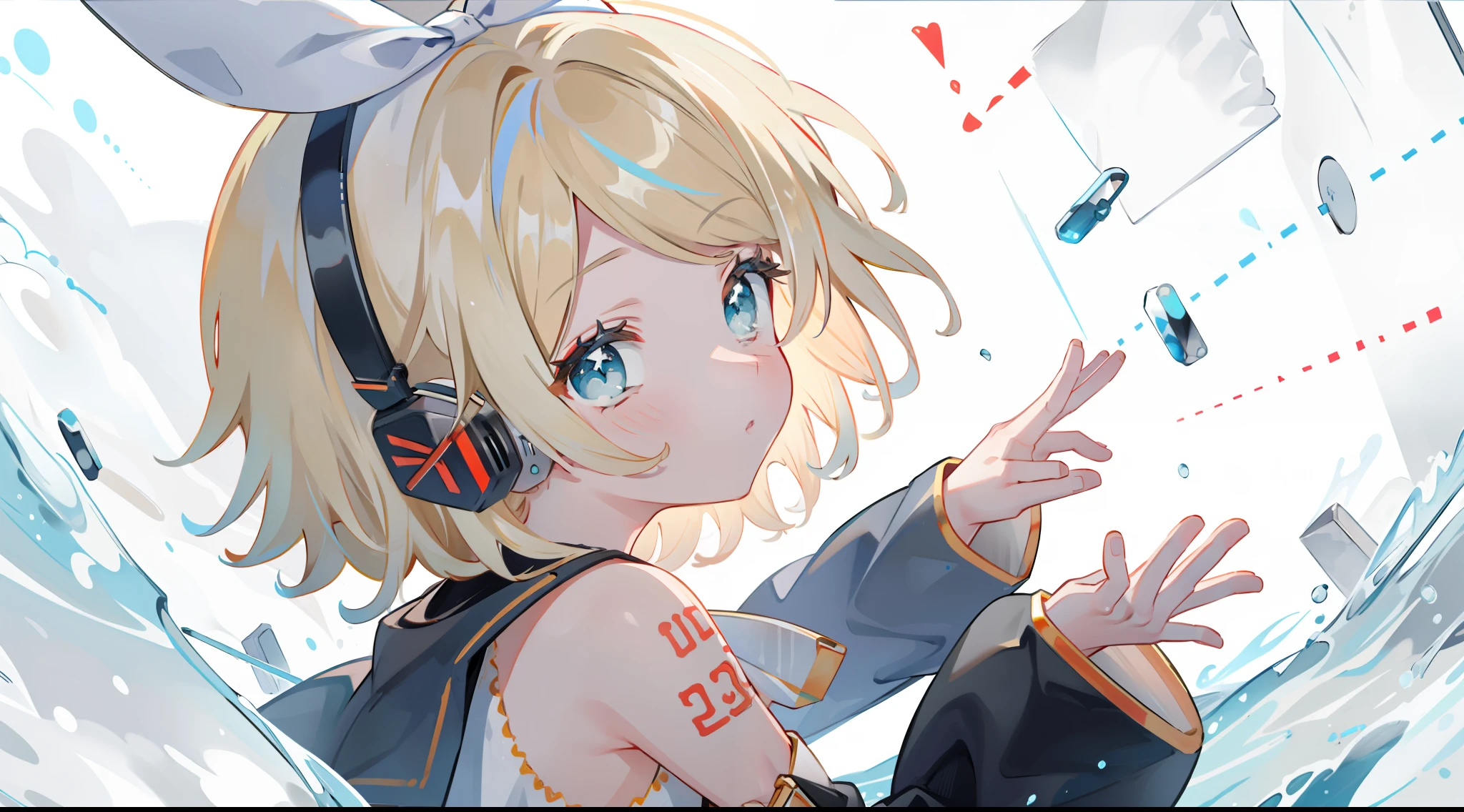 masterpiece, best quality, absurdres, perfect anatomy, 1girl, solo, Kagamine Rin, short hair, hair ribbon, number tattoo, bow, white shirt, detached sleeves, sailor collar, headphones, close up, (upper body:1.2), from side