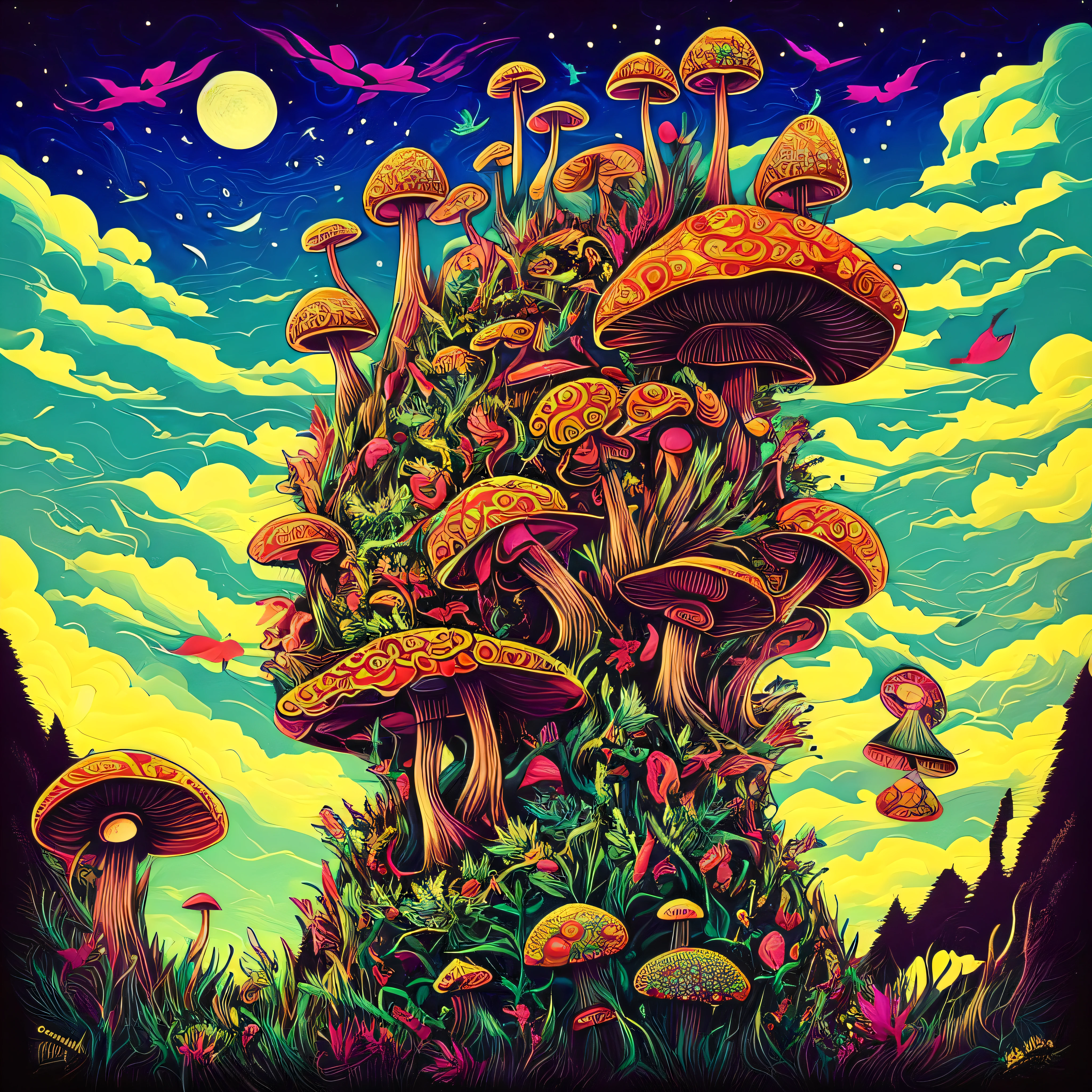 a mushroom head standing on a hill with a bunch of mushrooms with cannabis leaves and a sky composed of mandalas, Arte Trippy, psychedelic mushrooms dream, psychedelic illustration, cogumelo trippy, psychedelic trip, psychedelic acid trip, psychedelics, psychedelic mushrooms, just take a pinch of psychedelic, psychedelic style, Dan Mumford e Alex Grey Estilo, psychotropic psychedelic, psychedelic art style, psychedelic artwork, psychedelic surreal art, psychedelic aesthetic, folhas de cannababis no jardim, and the sky composed of mandalas