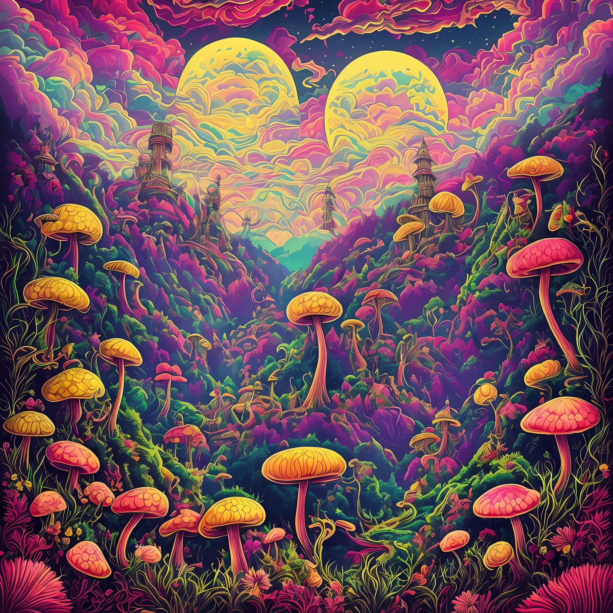 A hill with a bunch of mushrooms with leaves and flowers of cannabis ...