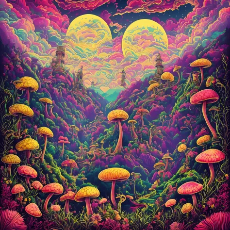 a hill with a bunch of mushrooms with leaves and flowers of cannabis sativa, a sky composed of mandalas, a big moon in the sky a...