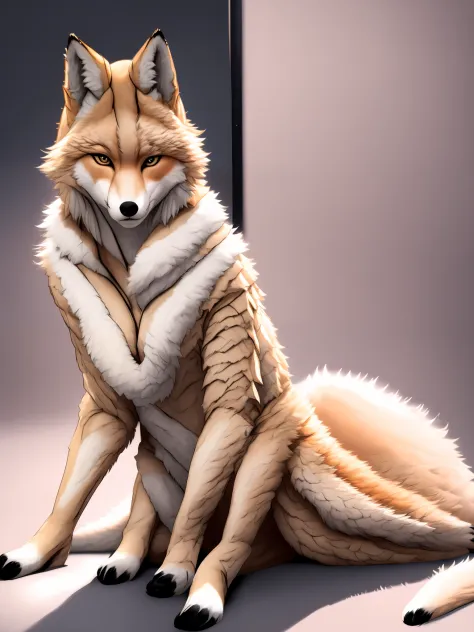 A woman was sitting on the floor，Next to it is a furry animal, Female anthropomorphic wolf, Kitsune-inspired armor, Furry Fantasy Art, very very beautiful furry art, Anatomically accurate., Female Fursona, Female fox, Humanity Art, Furry wolf, Beautiful fo...