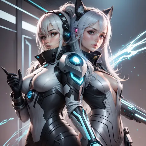 anime - style image of two women in black and white costumes, oppai cyberpunk, focus on two androids, gainax anime style, cutesexyrobutts, black-white skintight robes!, cybersuits, nsfw version, commission for high res, anime robotic mixed with organic, by...