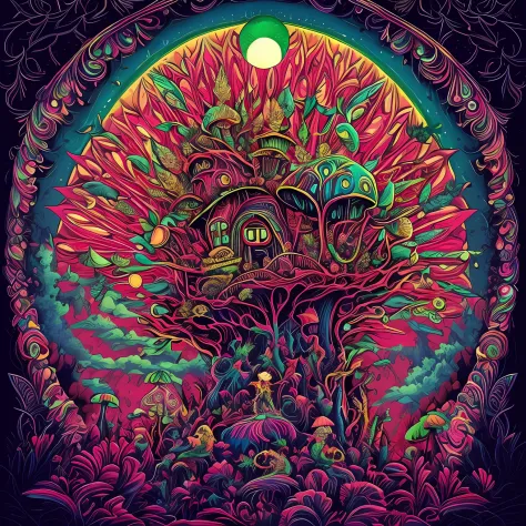 a mushroom head standing on a hill with a bunch of mushrooms with cannabis leaves and a sky composed of mandalas, arte trippy, p...