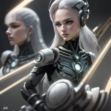 here are two silver a woman, futuristic robot body, female cyborg. high resolution, robotic body, gynoid cyborg body, half robot...