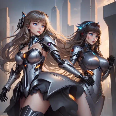 here are two silver a woman, futuristic robot body, female cyborg. high resolution, robotic body, gynoid cyborg body, half robot and half woman, robot body, cybernetic body parts, cybernetic body, cyborg fashion model, diverse cybersuits, ultra detailed fe...