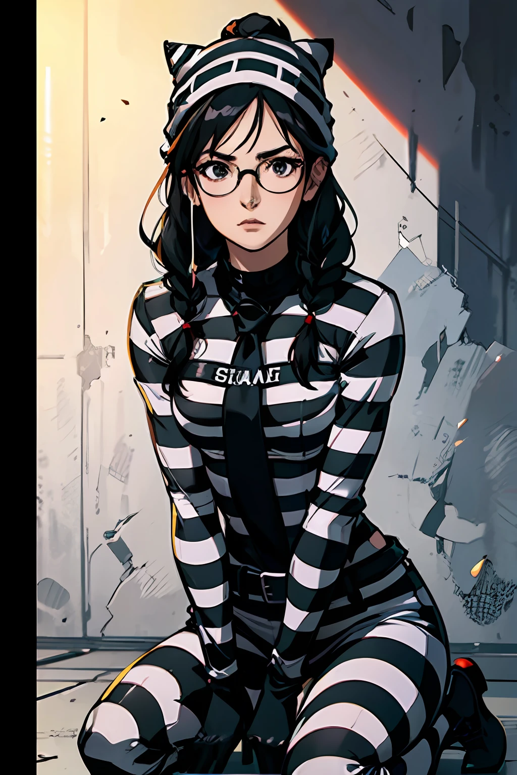Masterpiece, High quality CG, Anime, illustration, Best quality, 1girll, bound legs，kneels on the ground, Tie arms, Beautiful face, Detailed face, Cowboy shot, dokkaebi, 1girll, Solo, view the viewer,  Black hair, Braid, Glasses, Black gloves, belt, Pants, Black eyes, Double up braid, Striped hair, Black tiara, tightsuit, Black pants, circle glasses, Black bodysuit, Beanie, hair behind ear,