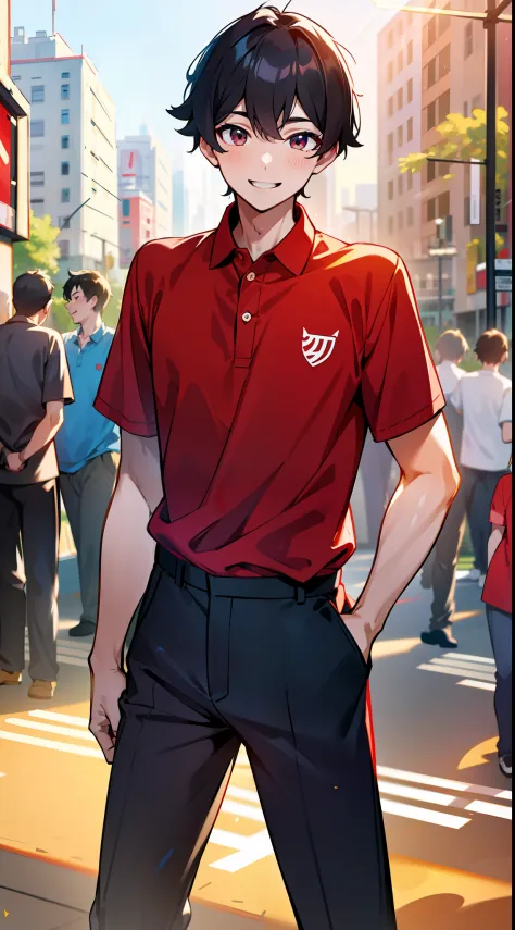 masuter piece, 独奏, red polo shirt, young man with a refreshing smile, red polo shirt, beautiful sunlight, fine expression, dynam...