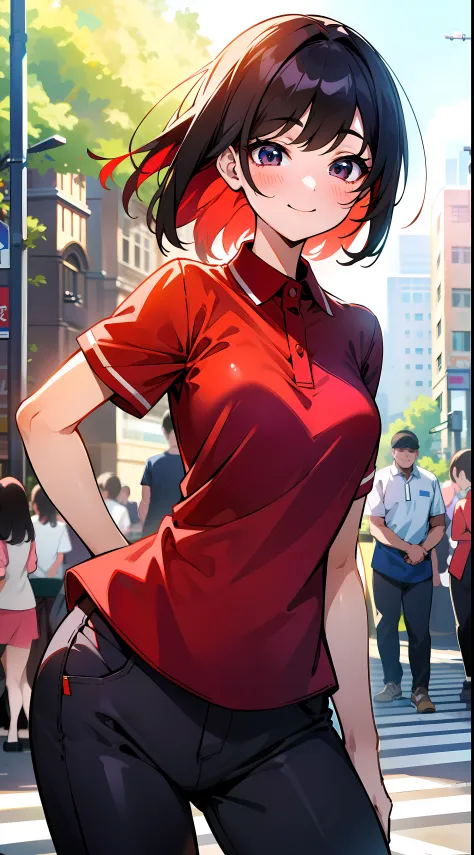 masuter piece, 独奏, red polo shirt, beautiful girl with a refreshing smile, red polo shirt, beautiful sunlight, fine expression, ...