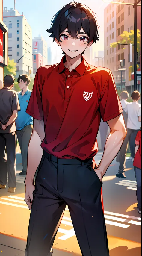 masuter piece, 独奏, red polo shirt, young man with a refreshing smile, red polo shirt, beautiful sunlight, fine expression, dynam...