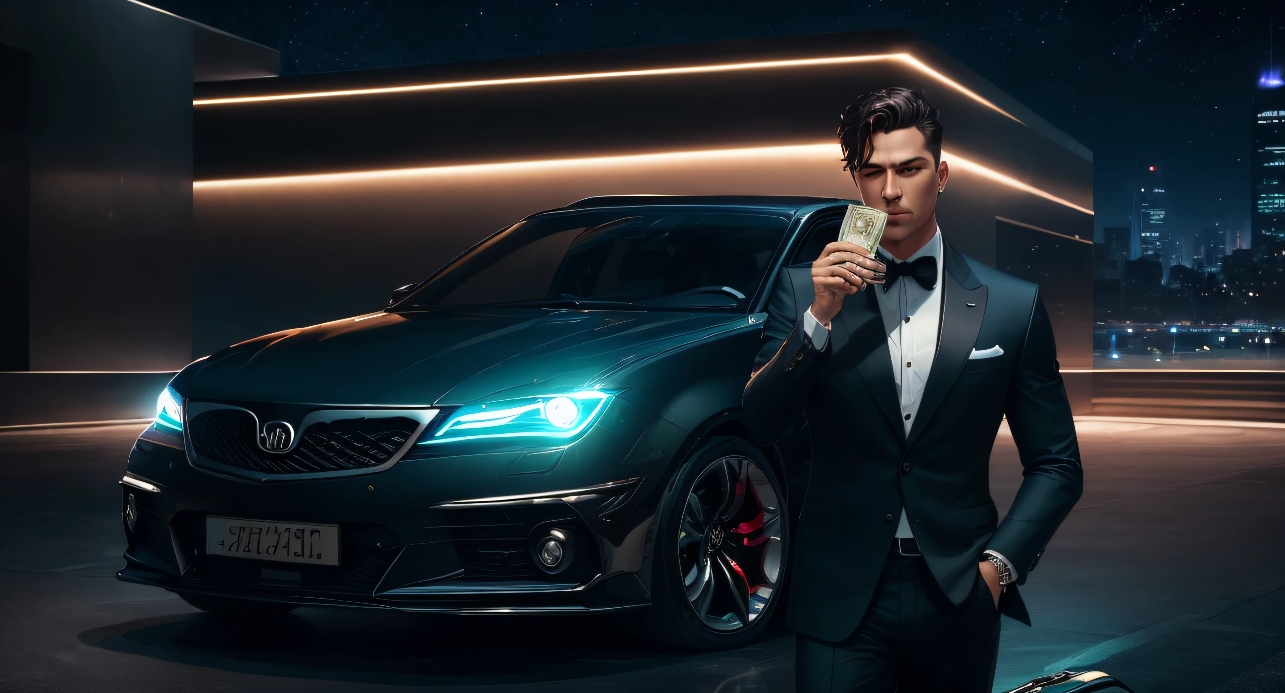 Realistic high-definition bunner, moderno, Rich man wearing a black suit and holding a suitcase of money next to a luxury car with a night lighting. Uma placa escrito: C fui poor ñ I remember --auto