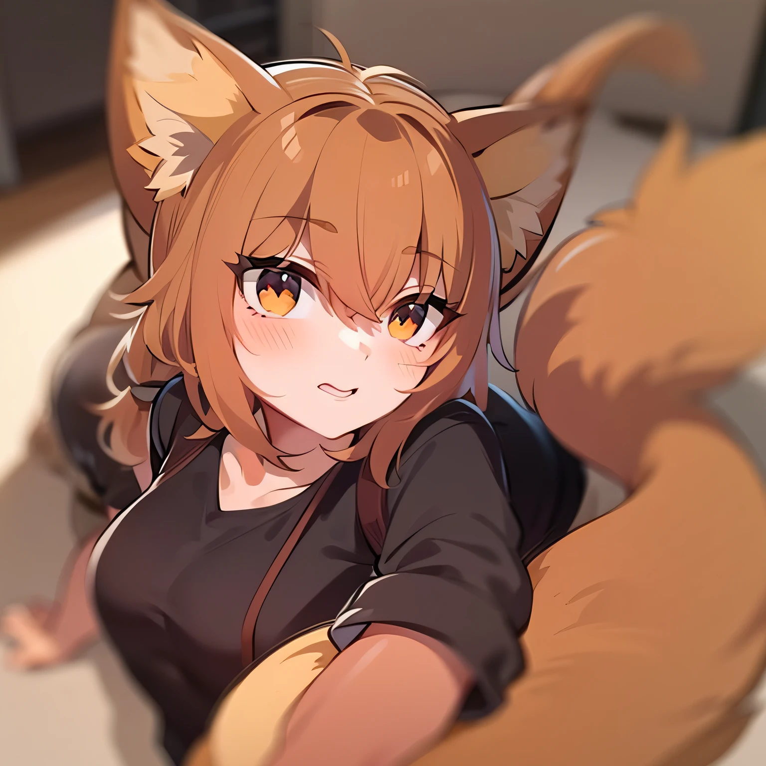 a close up of a person with a cat head and a black shirt, anime vtuber full body model, single character full body, full body single character, anime style character, full body character, anime styled 3d, live2d virtual youtuber model, full character body, lineless, vrchat, full body render, !!full body portrait!!, small brown fox tail
