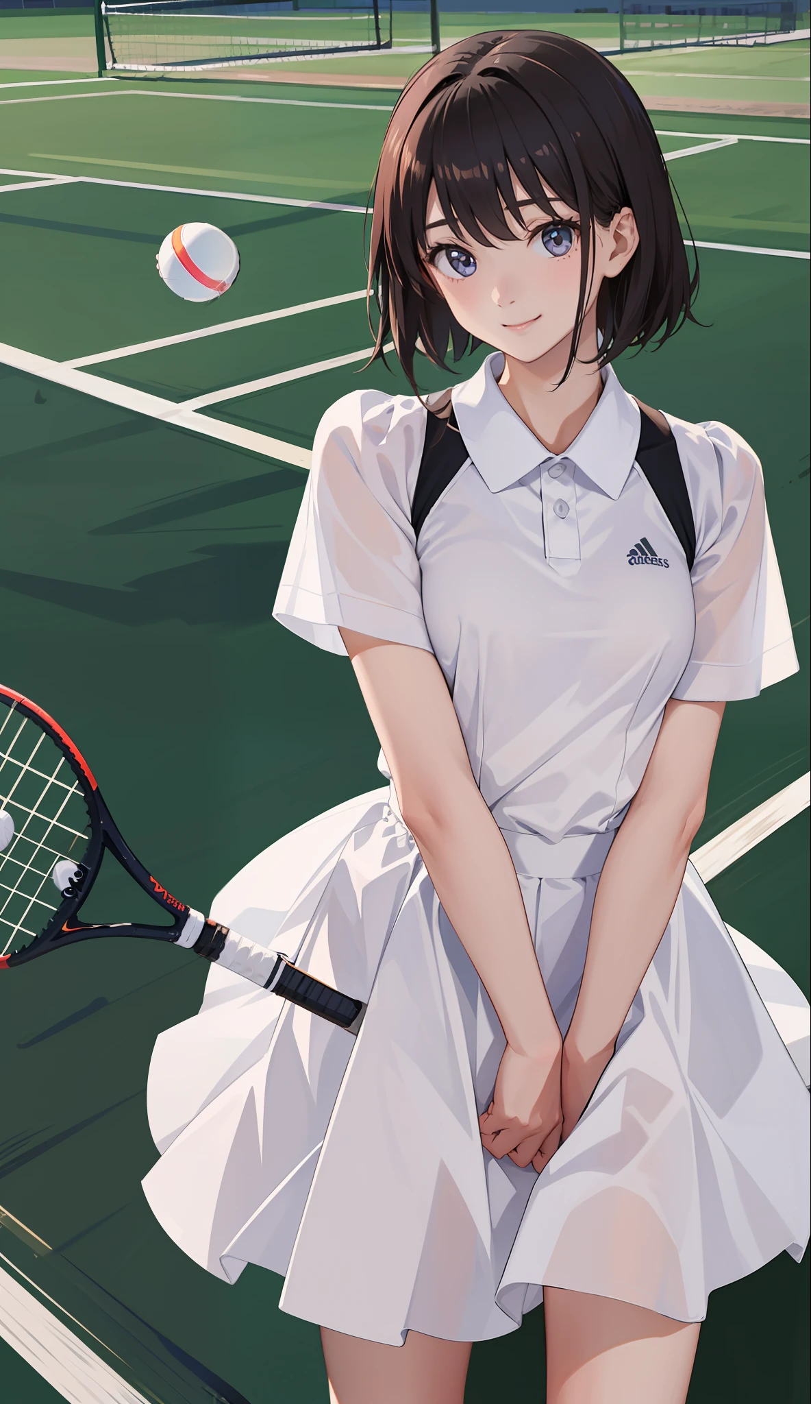 １The girls、Shirts、pleatedskirt、17 age、Bob Hair Style、A smile、A delightful!、japanes、enmaided、Chromo-white skin、Beautiful eyes、（small tits）、Playing tennis、Wimbledon、Wearing white tennis wear、电影灯光、Upper body portrait、