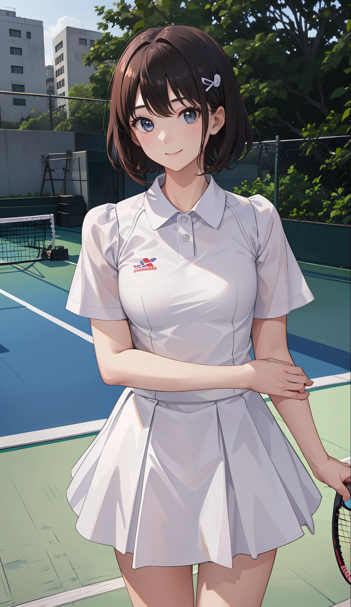 １The girls、shirts、pleatedskirt、17 age、Bob Hair Style、A smile、A delightful!、japanes、enmaided、Chromo-white skin、Beautiful eyes、（small tits）、Playing tennis、Wimbledon、Wearing white tennis wear、light、Upper body portrait、