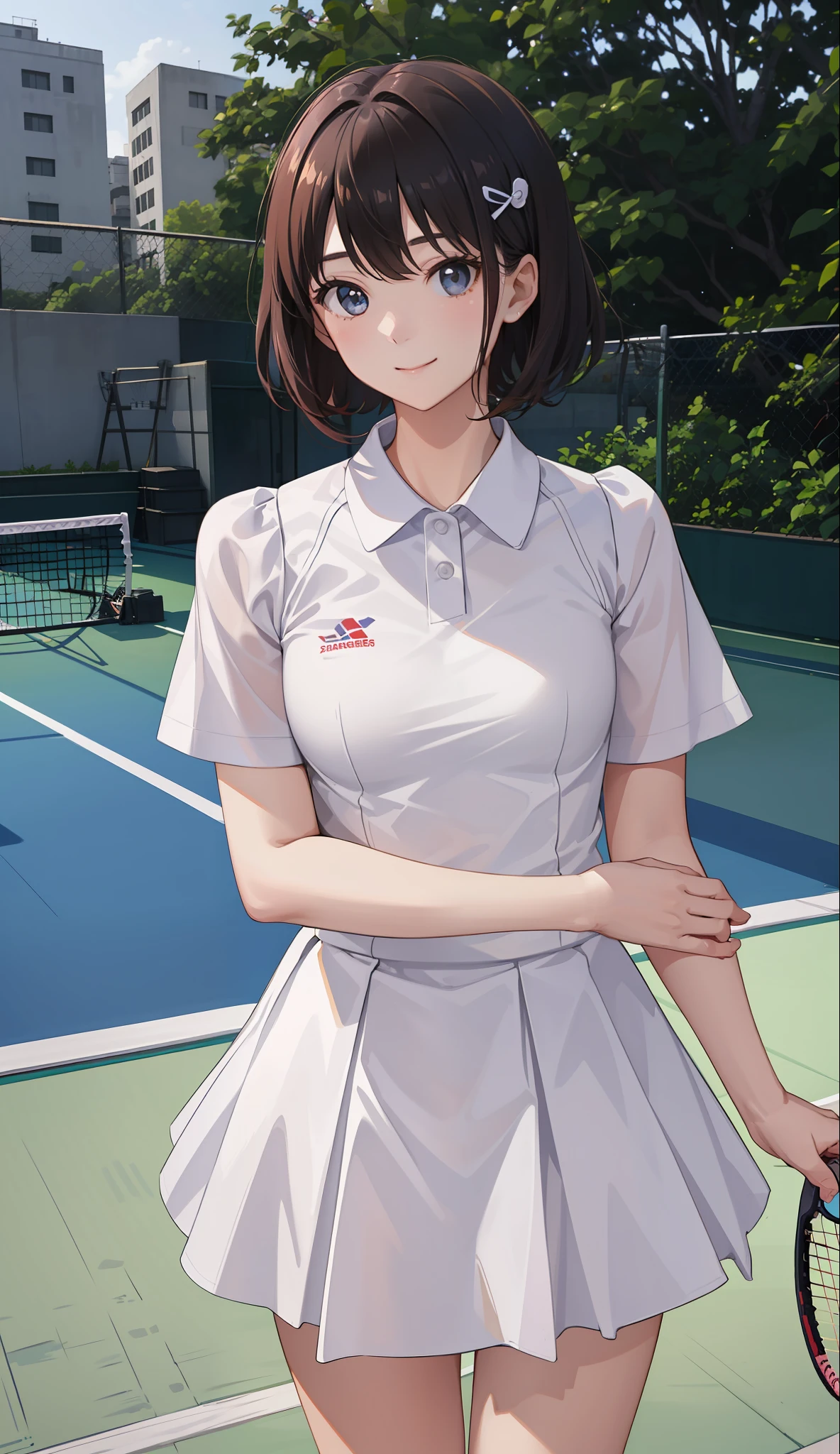 １The girls、Shirts、pleatedskirt、17 age、Bob Hair Style、A smile、A delightful!、japanes、enmaided、Chromo-white skin、Beautiful eyes、（small tits）、Playing tennis、Wimbledon、Wearing white tennis wear、电影灯光、Upper body portrait、