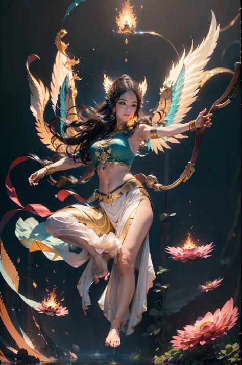 tmasterpiece，超高分辨率，Beautiful woman with wings archery，She floated in the air with the flames，The delicate facial features are be...