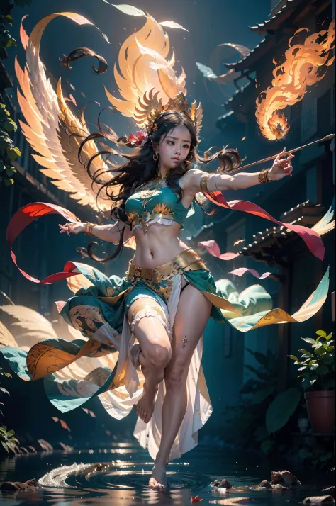 tmasterpiece，超高分辨率，Beautiful woman with wings archery，She floated in the air with the flames，The delicate facial features are be...