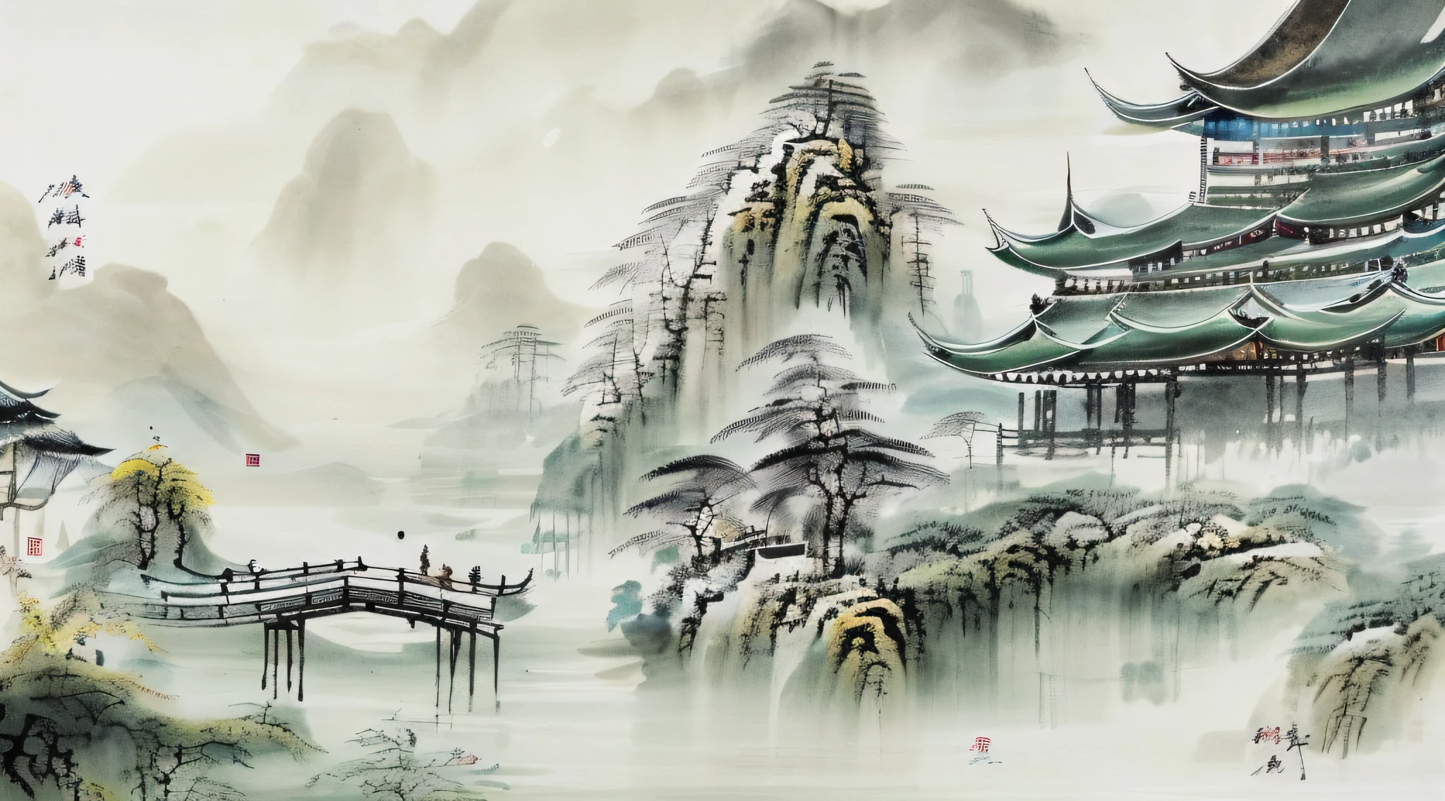 white background, scenery, ink, mountains, water, trees，huaniao，wyy_style，masterpiece，best quality，high detail，epic detail，hyper quality，Best Quority，hyper-detailing
，Tradition Chinese Ink Painting style，Landscape，ink render，Ink Dropped in water，sculpture，Ancient temple，Covered in snow，There is a wind-eroded Buddha statue in the temple。