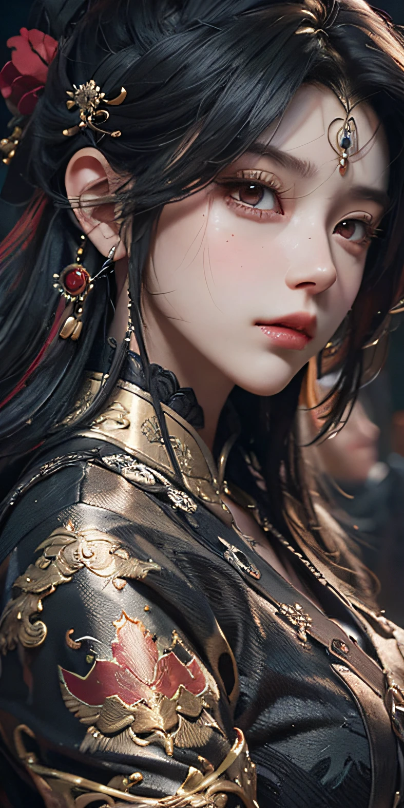 Close up of a woman with black hair and a black mask，Belle peinture de personnage，Guviz，Guviz-style artwork，Black-red hair，Yang J，Epic and beautiful character art，Stunning character art，FAN Qi，Wu Zhun Shifan，Guvitz at the Pixiv Art Station