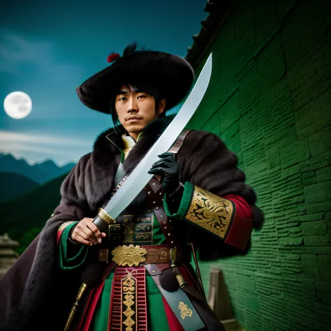 A man dressed in ancient costumes from the Warring States period，Take the Green Dragon Moon Knife，style of anime