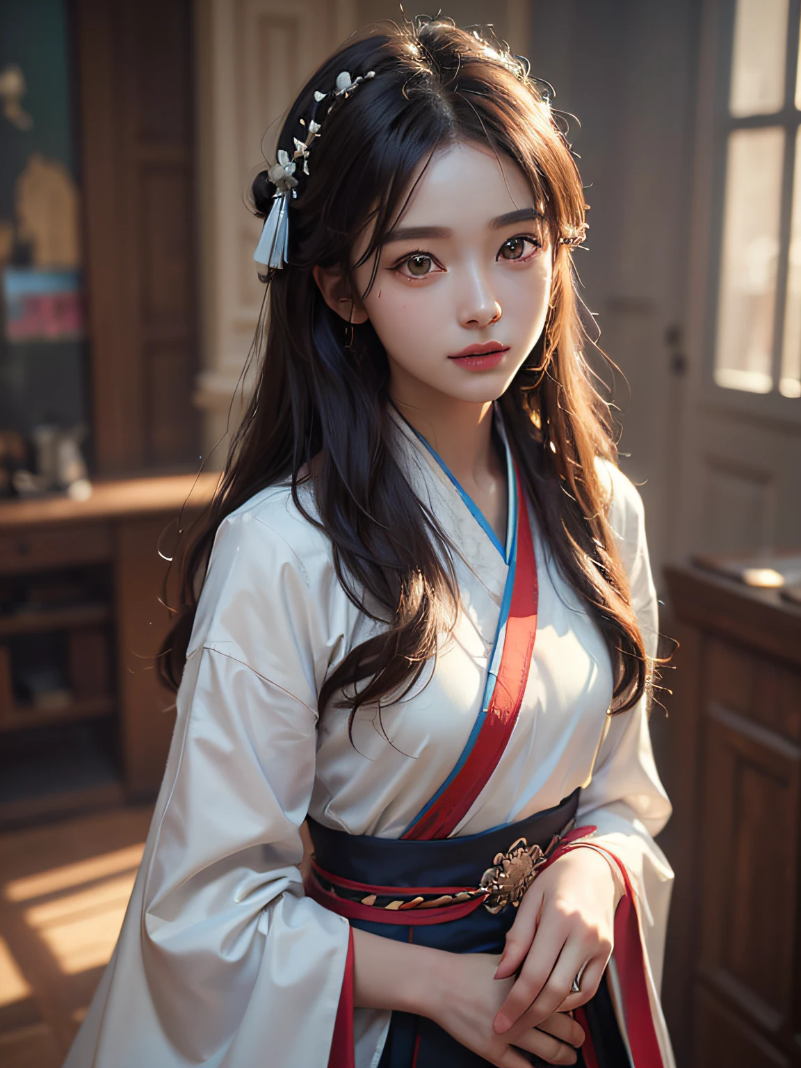 1 menina, solofocus, , Li Jiaxin，realista， Hanfu， sorria, border collie, raios de sol， iluminação cinematográfica, tendências no artstationh, por Irakli Nadar, Greg Rutkovsky，(((melhor qualidade))),(((ultra detalhado))),(((obra de arte)))