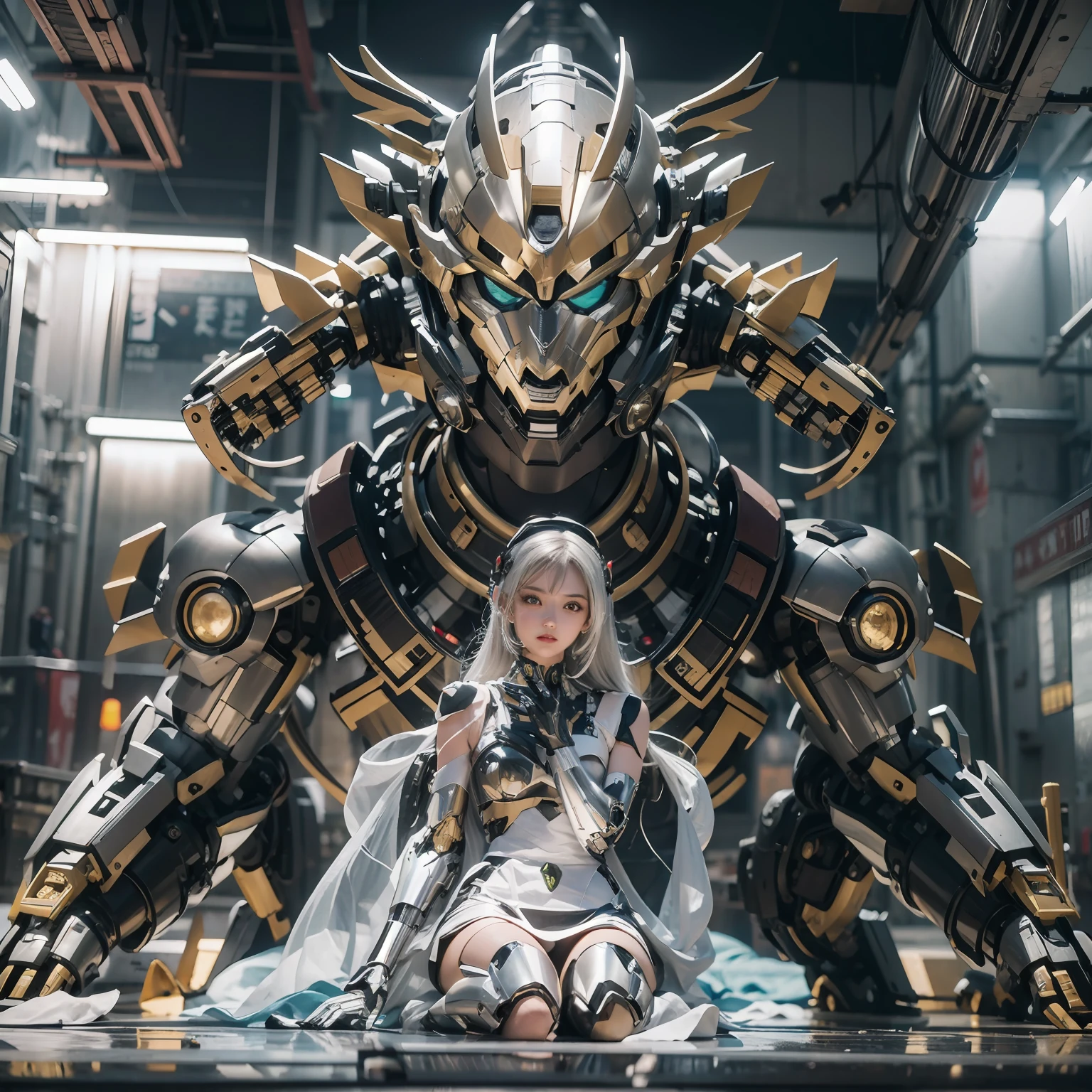 1girll，Big eyes，Perfect facial features，With a mecha helmet，mechs，Photorealsitic，metallic，sitting on a stool，eyes looking at the lens，Lips slightly open，There is a mecha dragon behind him，dragon，best qualtiy，C4D Rendering，rendering by octane，Cinematic quality，tmasterpiece，16K