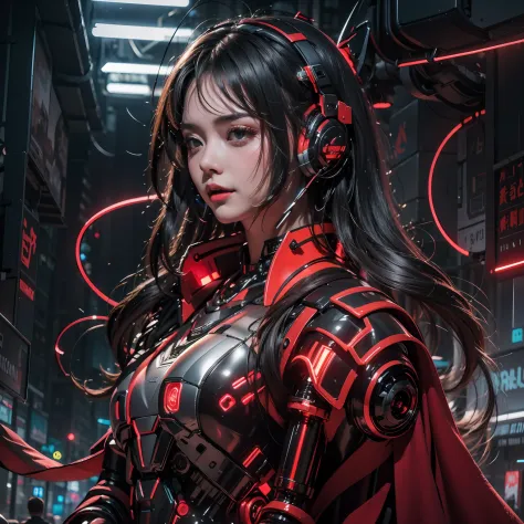 1 rapariga， Chinese_clothes， Metallic black titanium and deep red， Cyberhanfu， on cheongsam， Cyberpunk-city，  Details illuminate...