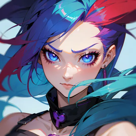Close-up of a woman with a redhead tattoo,portrait of jinx from arcane,Arcane prank,2 d anime style,League of Legends Jinx,Express the character of Jinx,Ink and color,Glitter powder on the face,17 years old anime gothic girl,Anime character style,Artistic ...