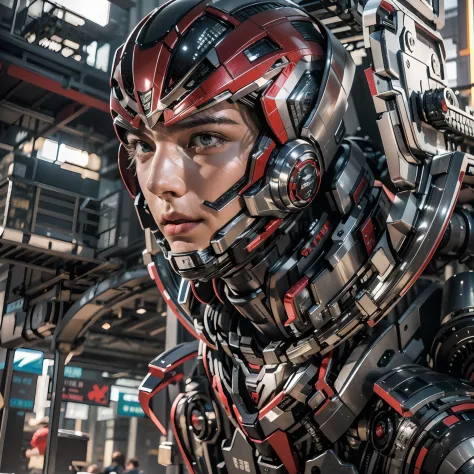 1boy ，perfect facial features，handsome face，put on a metal mech in spider-man-style，machinary，mecha，photorealsitic，metalictextur...