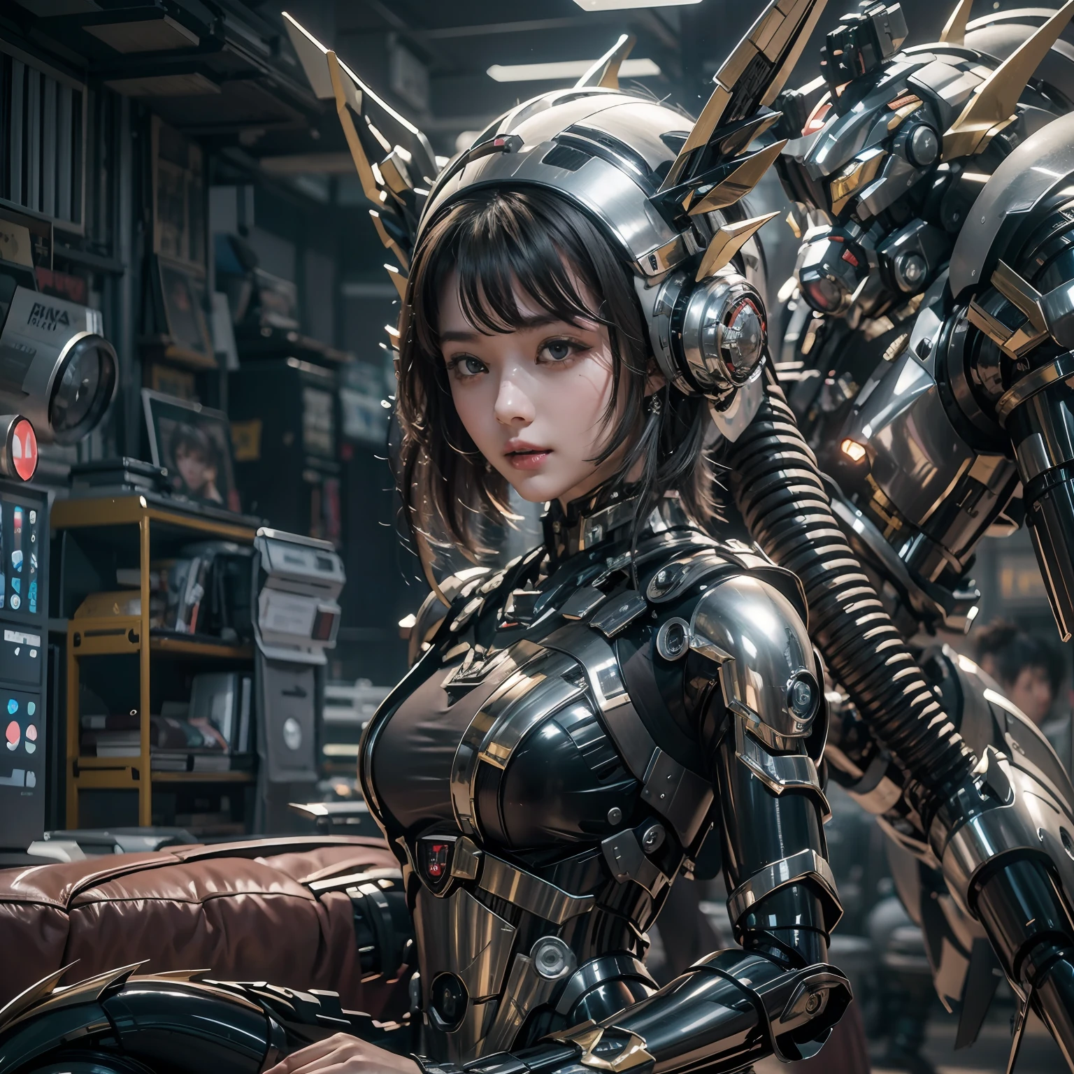 1girll，Big eyes，Perfect facial features，With a mecha helmet，mechs，Photorealsitic，Metallic，sitting on a stool，eyes looking at the lens，Lips slightly open，There is a mecha dragon behind him，Dragon，best qualtiy，c4d渲染，rendering by octane，Cinematic quality，tmasterpiece，16k