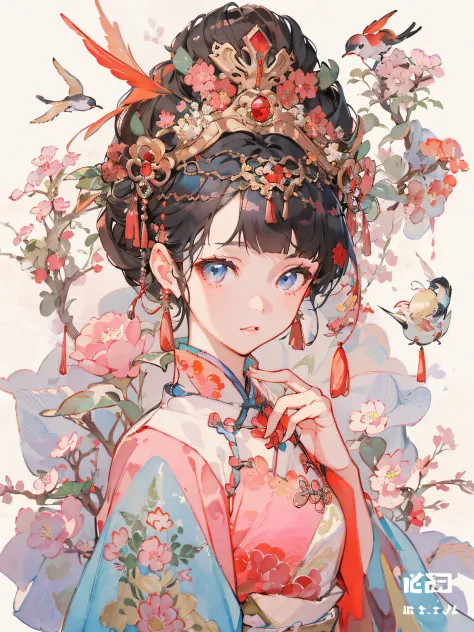 Anime girl with oriental hair and red and blue dress, Palace ， A girl in Hanfu, China Princess, Guviz, Guviz-style artwork, A be...