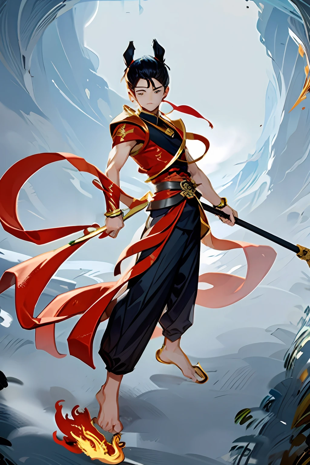 A boy，apathy，disdain，Handsome face、nezha，holds a spear，Step on Hot Wheels，Wearing a red rhombus，flight，Chinese mythology，cinmatic lighting，Lens vertigo，Beautify details to glow，Torn sky background，A flash of gold