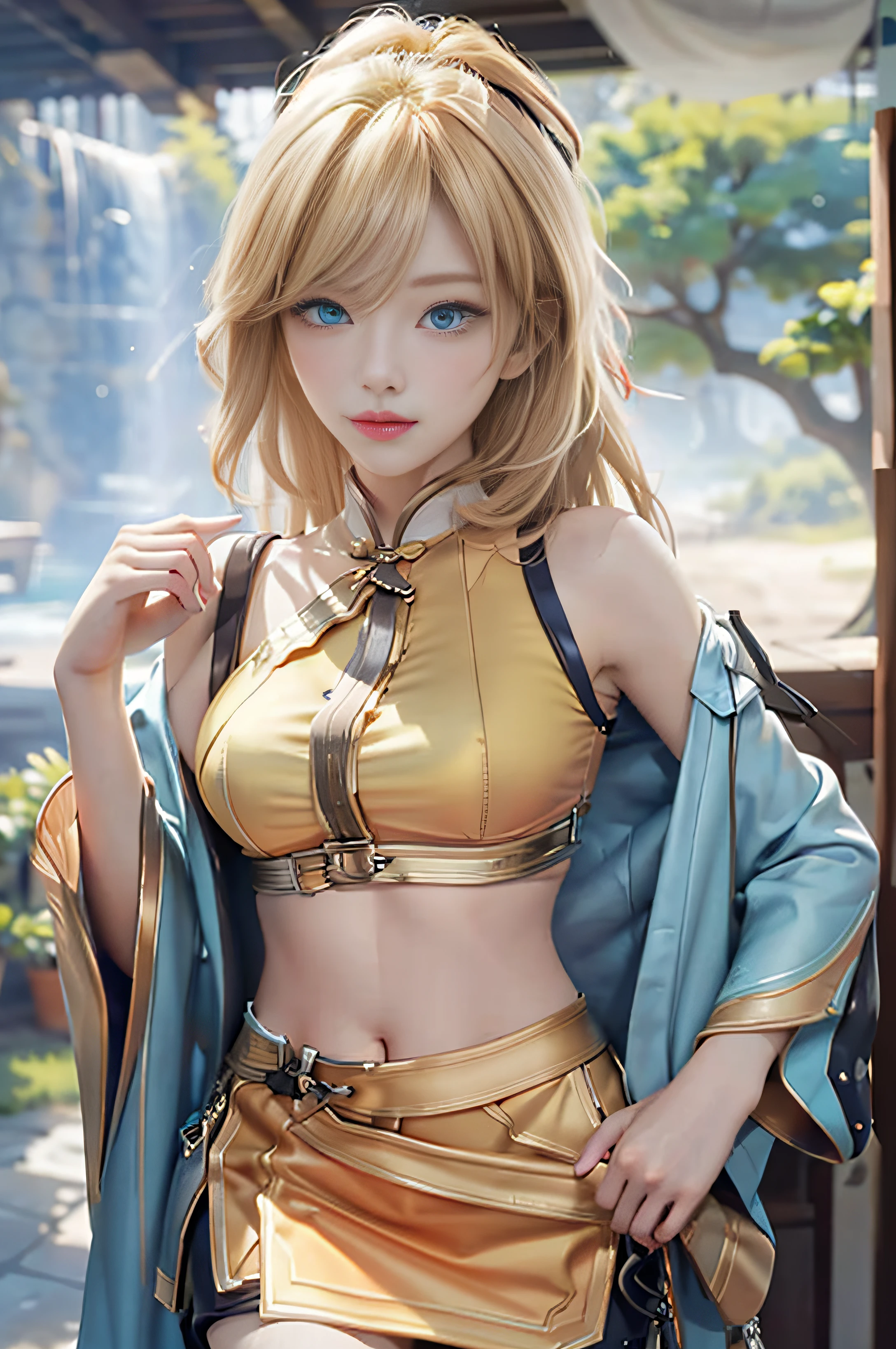 (Masterpiece, Best Quality, Big Breasts, Realism, Real, Photo: 1.4), Ji Xiaoman, Blonde, (Ulzzang-6500-V1.1:0.7), Very cute face, blue eyes, upper body, Big breasts, Real, photo