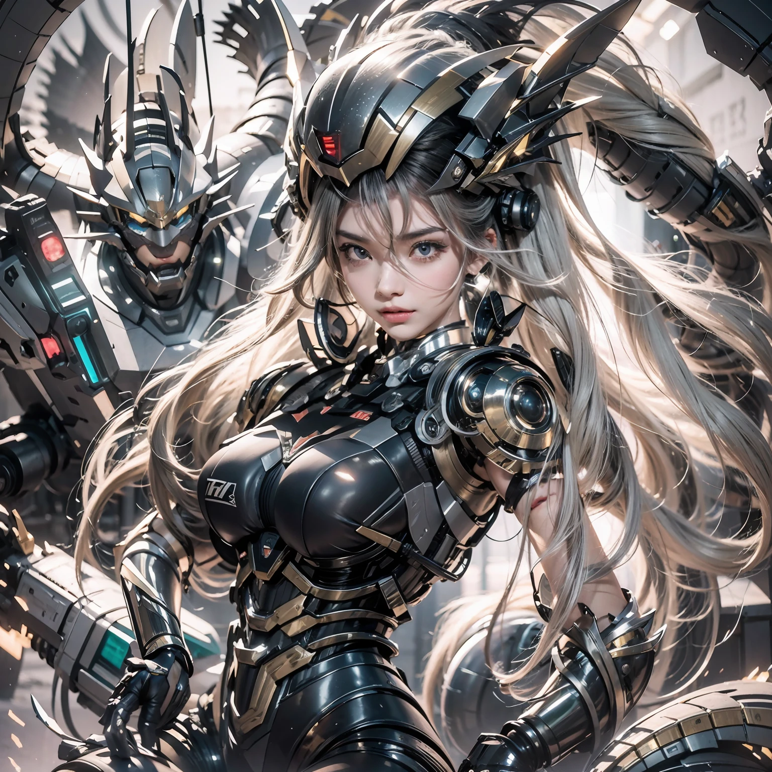 1fille，gros yeux，traits du visage parfaits，Avec un casque mecha，mechs，Photoréaliste，métallique，Assis sur un tabouret，les yeux regardant l&#39;objectif，Lèvres légèrement ouvertes，Il y a un dragon mecha derrière lui，dragon，meilleure qualité，rendu c4d，rendu par octane，Qualité cinématographique，chef-d&#39;œuvre，16k