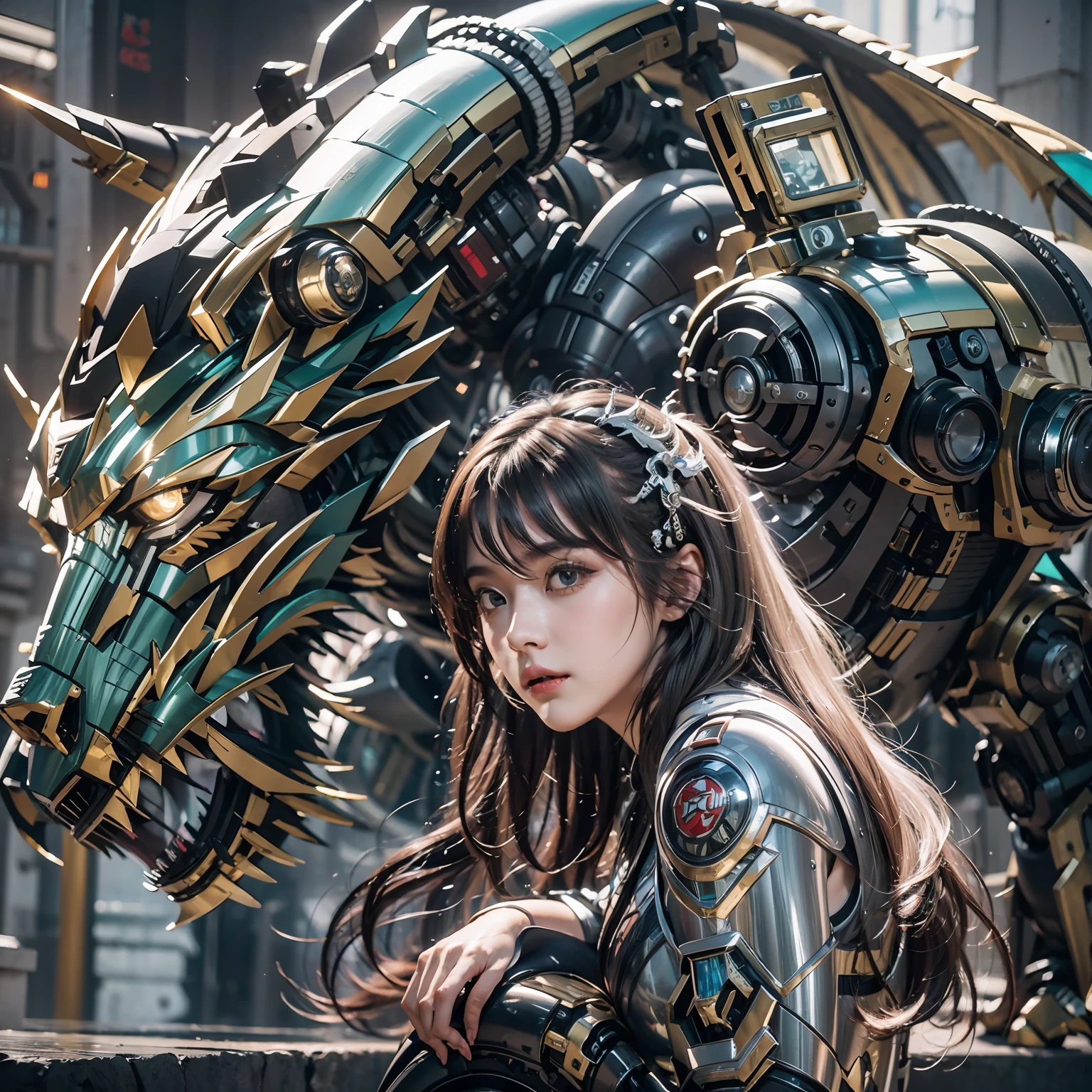 1girll，Big eyes，Perfect facial features，With a mecha helmet，mechs，Photorealsitic，metallic，sitting on a stool，eyes looking at the lens，Lips slightly open，There is a mecha dragon behind him，dragon，best qualtiy，C4D Rendering，rendering by octane，Cinematic quality，tmasterpiece，16K,(full body)