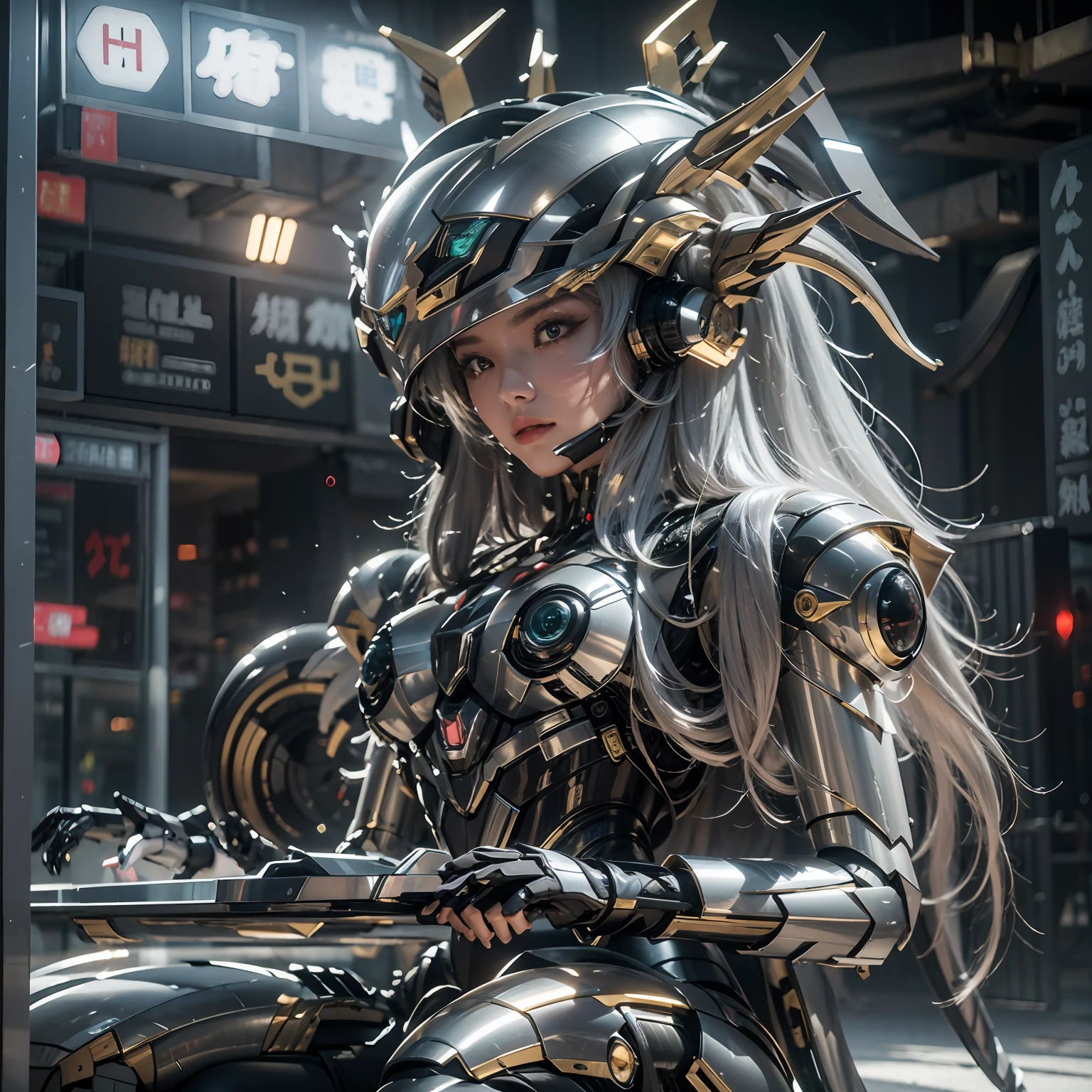 1girll，Big eyes，Perfect facial features，With a mecha helmet，mechs，Photorealsitic，metallic，sitting on a stool，eyes looking at the lens，Lips slightly open，There is a mecha dragon behind him，dragon，best qualtiy，C4D Rendering，rendering by octane，Cinematic quality，tmasterpiece，16K,(full body)