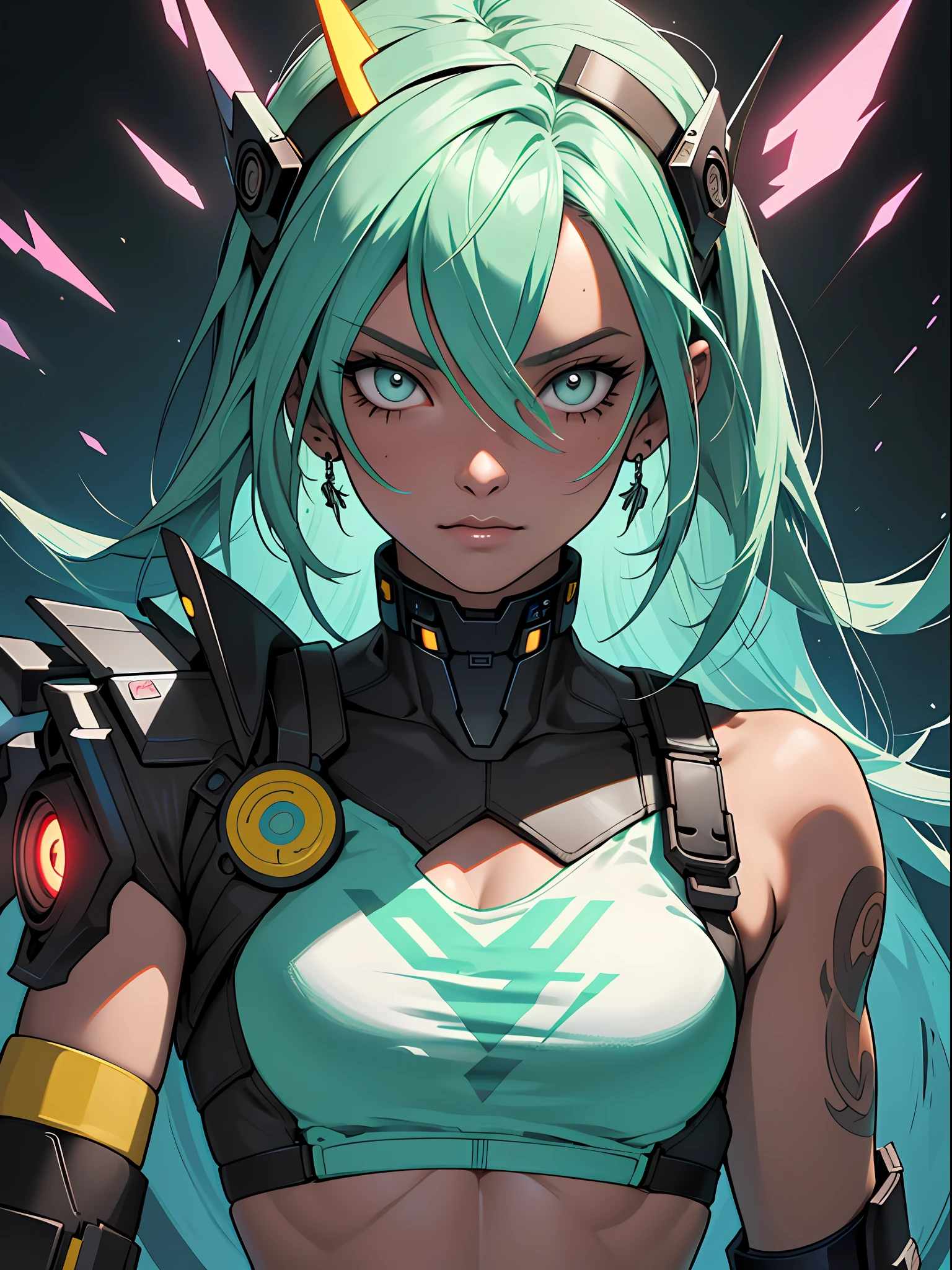 Mulher cyberpunk com pele escura e olhos azuis e cabelo castanho curto, vestindo uma blusa branca folgada e um short de banho 8k_wallpaper, olhos extremamente detalhados, corpo extremamente detalhado, dedo extremamente detalhado, (grande obra de arte digital), (Detailed manga illustration), (arte detalhada), ((perfeito)) anatomia, BETTER HANDS)), (detalhes intrincados:1.3), (ultra-detalhado:1.3), (illustration:1.3), (foco nítido:1.3), ( natural  lightting:1.05), (cores vivas:1.3), Modelo: Break Domain