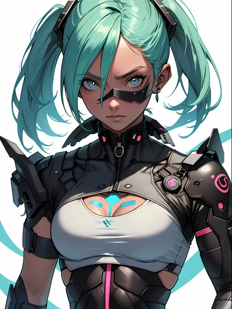 Mulher cyberpunk com pele escura e olhos azuis e cabelo castanho curto, vestindo uma blusa branca folgada e um short de banho 8k...