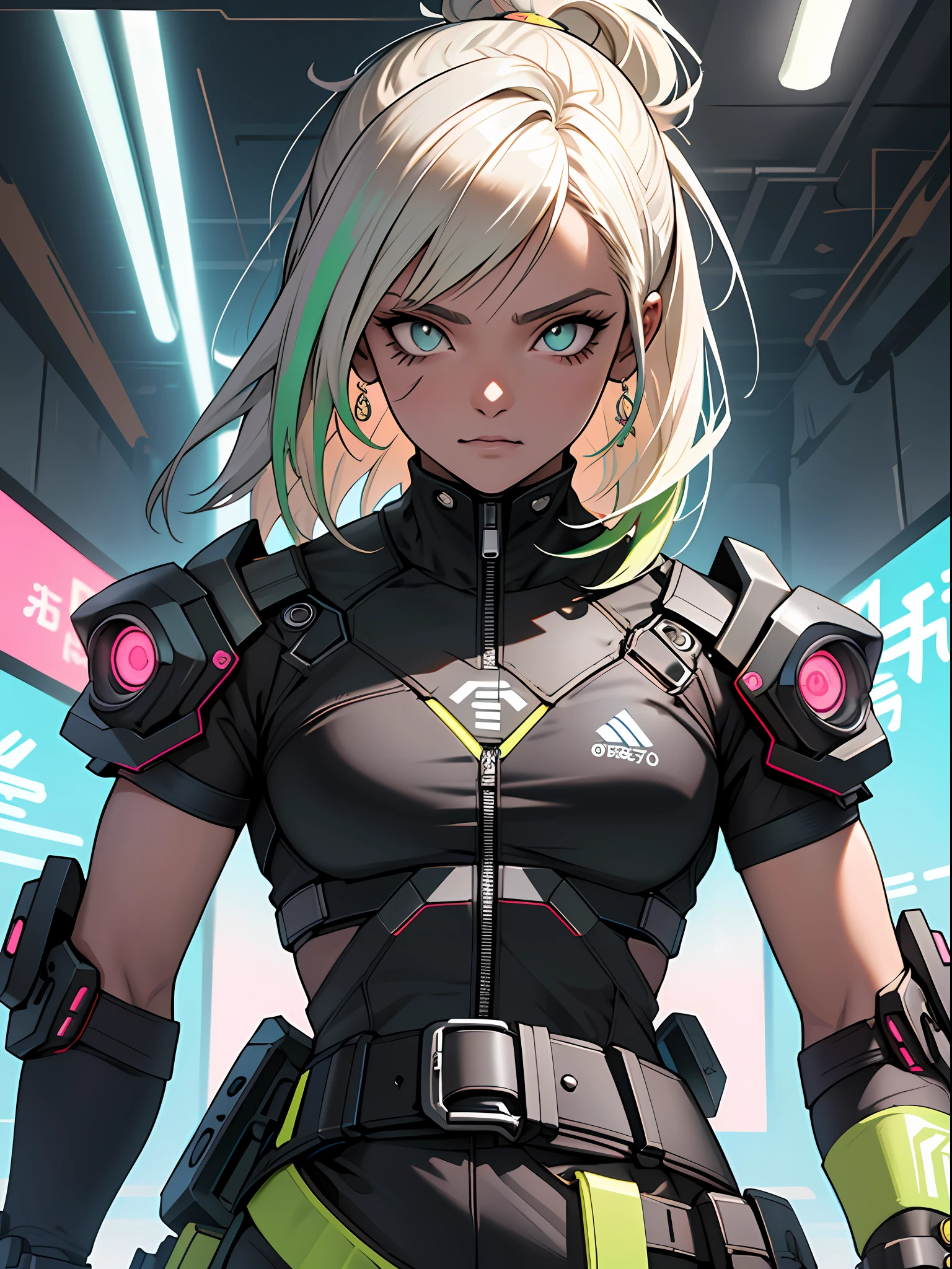 Cyberpunk woman with dark skin and blue eyes and short brown hair, wearing a loose white blouse and 8k swim shorts_wallpaper, extremely detailed  eyes, Extremely detailed body, extremely detailed finger, (large digital artwork), (Detailed manga illustration), (detailed artwork), ((perfect)) Anatomi, BETTER HANDS)), (details Intricate:1.3), (ultra detali:1.3), (illustration:1.3), (sharp focus:1.3), ( natural  lightting:1.05), (bright coloured:1.3), role model: Break Domain