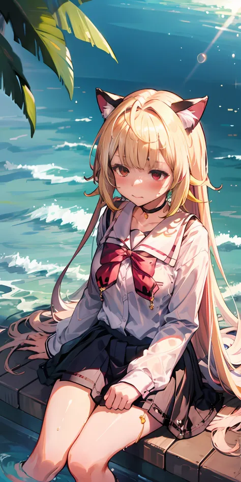 Anime girl with white hair and cat ears, red eyes, shy blush, wet school uniform, transparent cloth, water, seaside, beach, sunn...