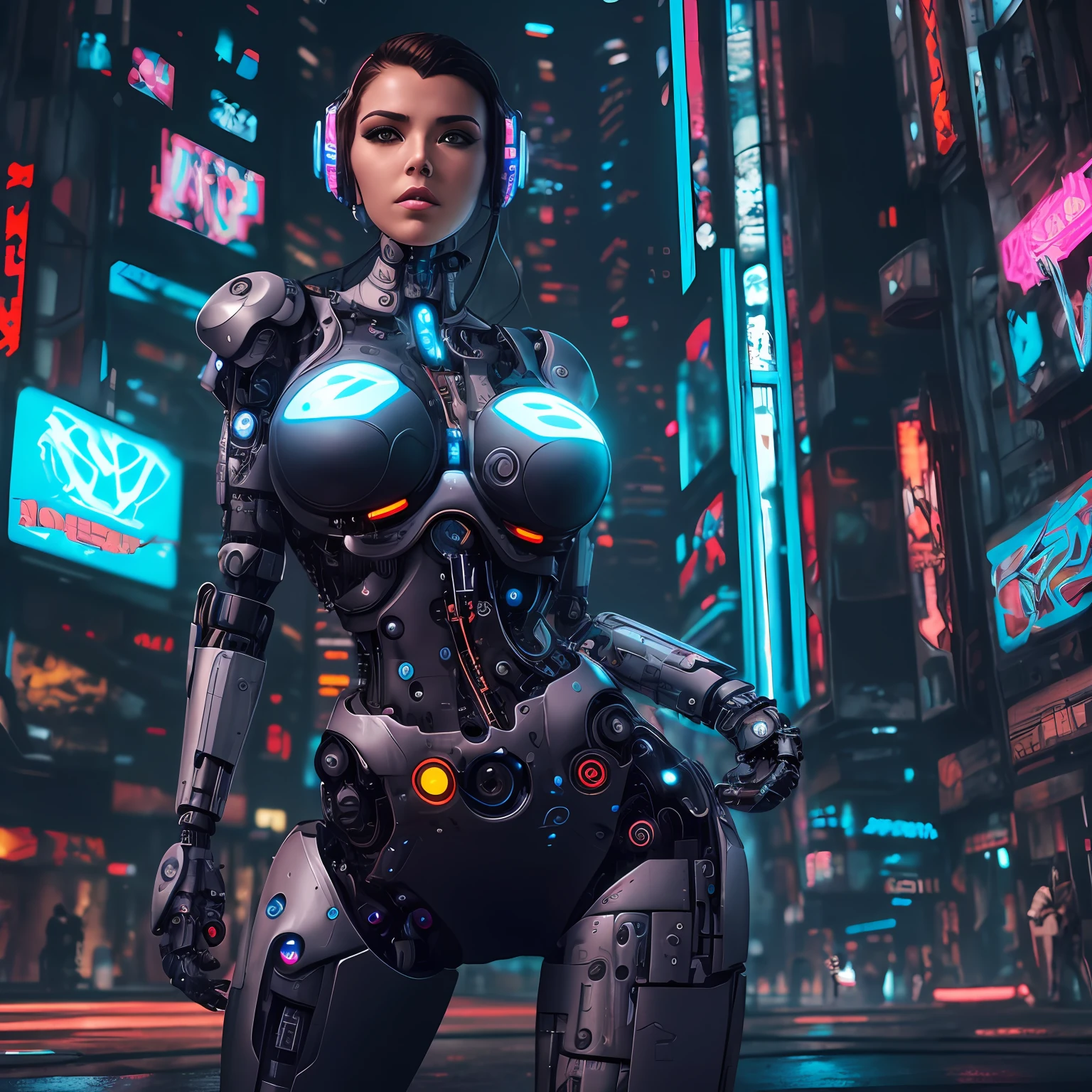 Woman ((cyborg)), ​masterpiece, ((big-ass)), ((large breasted)), German woman, face perfect, perfectbody, 8k, picture-perfect, ((realisitic)), futuristic setting ((cyberpunk)), Woman sexy, exciting positions, --auto