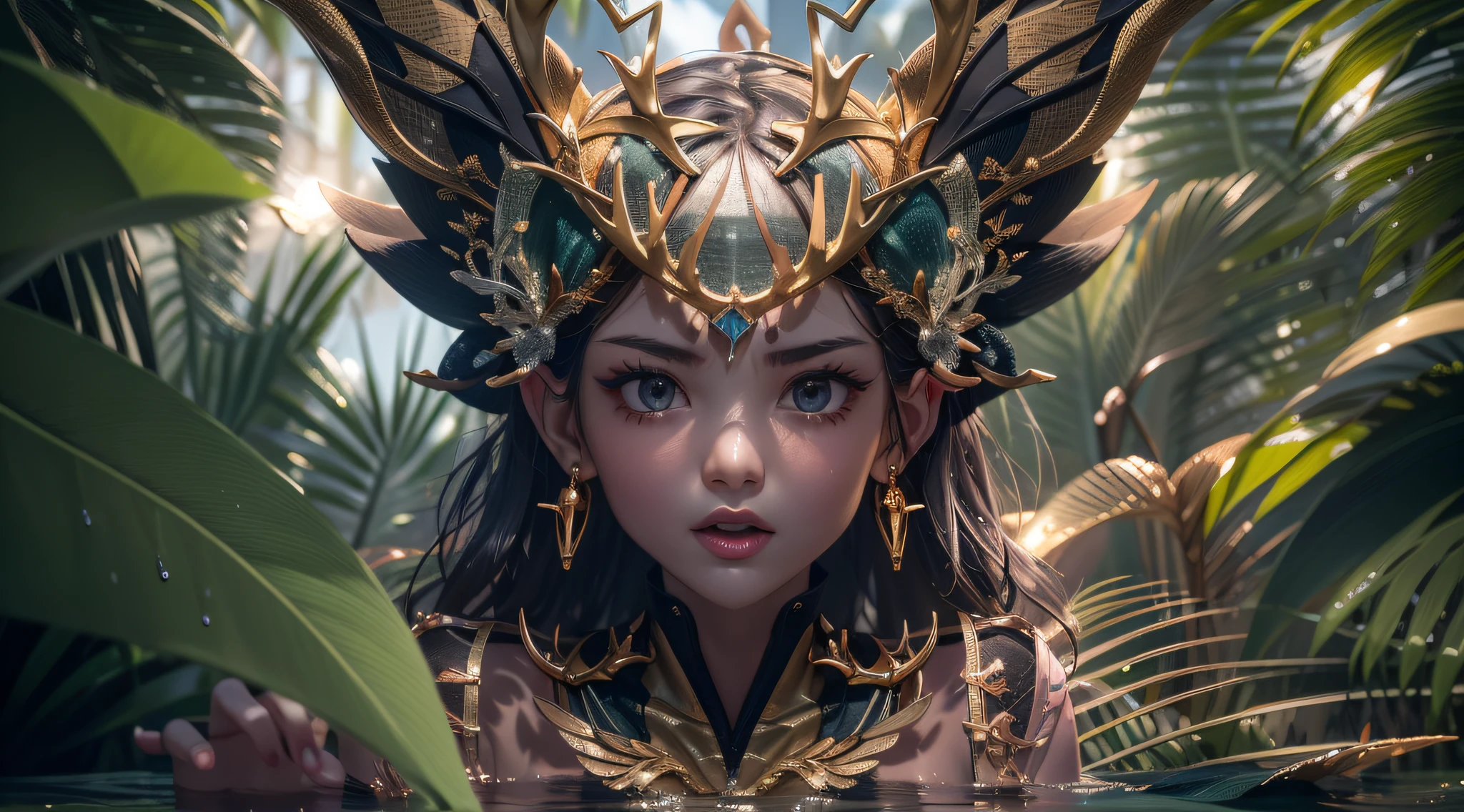 tmasterpiece， best qualtiy， （Very detailed CG unity 8k wallpaper） （best qualtiy）， （Most Best Illustration）， （best shadow） naturey， Light tracking， ultra - detailed， glarelight， cinematric light， Soft light ，A beautiful close-up((adventurer)),jungles,oases,giant and wet trees， --v6