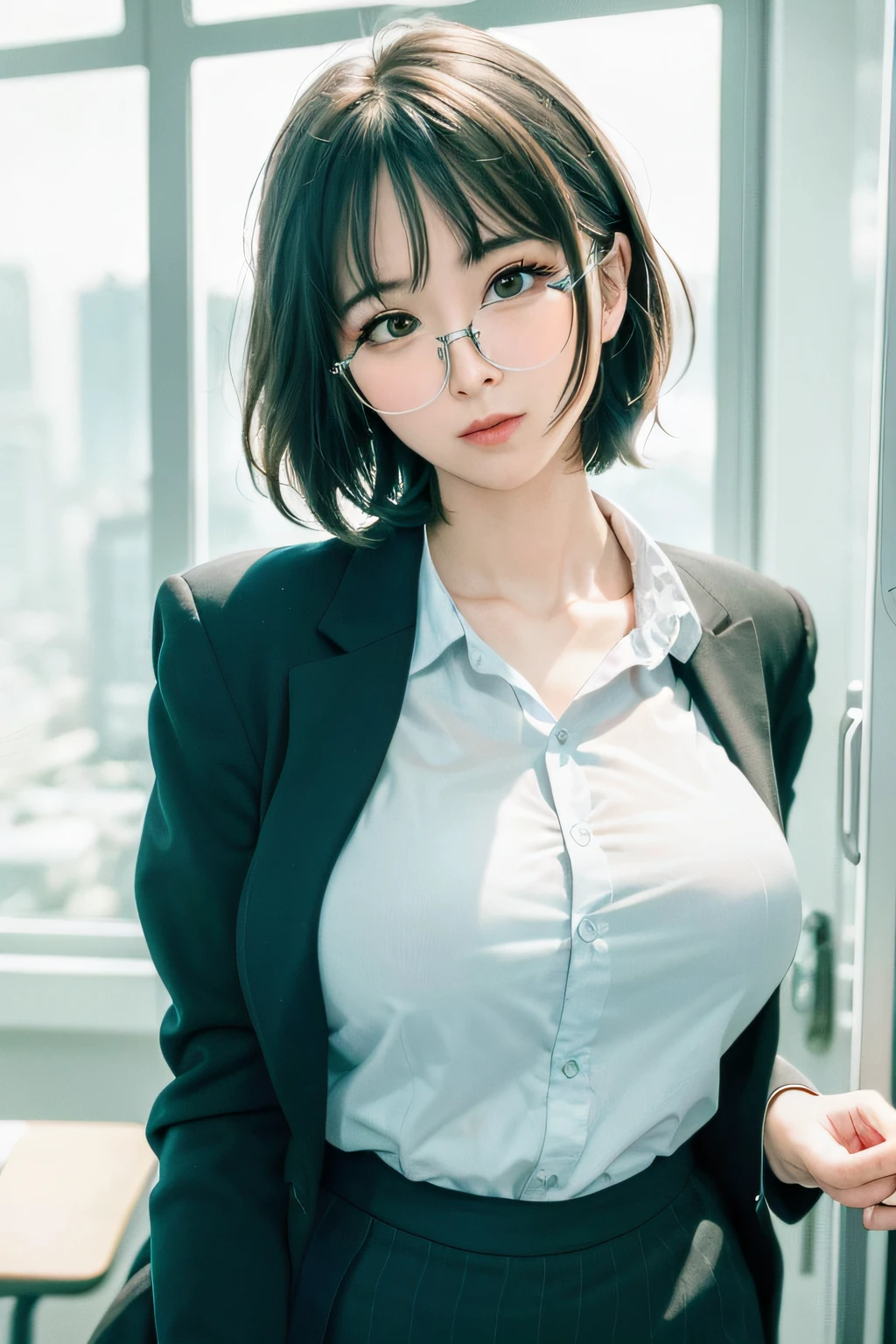 25 years old woman(glasses eyes), milf, ((at classroom)), ((school uniform)), RAW photo, (photorealistic:1.37, realistic), highly detailed CG unified 8K wallpapers, 1girl, ((perfect body:1.1)), (medium breasts:1.2) , looking at viewer, (((straight from front))), (HQ skin:1.2, shiny skin), 8k uhd, dslr, soft lighting, high quality, film grain, Fujifilm XT3, ((full body:0.8)), (professional lighting:1.4) ,