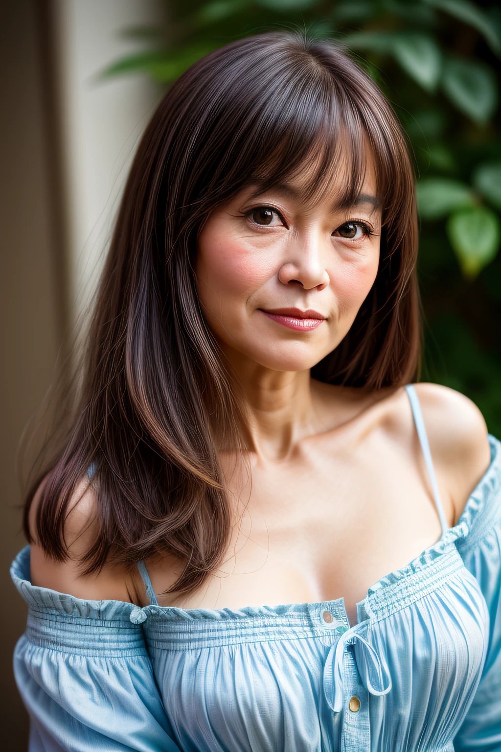 Beautiful fece((50 years old))portrait photo of a female、awardwinning photo、top-quality、japanese mature、Canon 5D Mark II、filmg、professional photograpy、(richly colored:1.1)、Ultra-realistic and realistic texture、(natural soft light:1.1)、(Canon EF 85mm f / 1.4LはUSM)