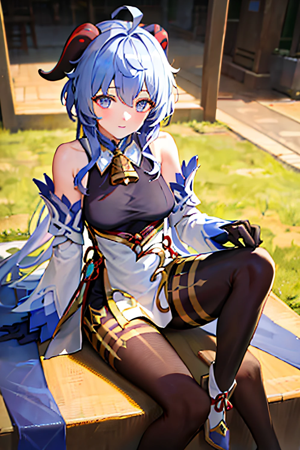 (photorealistic:1.4), (masterpiece, sidelighting, finely detailed beautiful eyes: 1.2), masterpiece*portrait, realistic, 3d face, 
ganyu \(genshin impact\), 1girl, ahoge, architecture, bangs, bare shoulders, bell, black gloves, black pantyhose, (blue hair), blush, breasts, chinese knot, detached sleeves, flower knot, gloves, horns, long hair, looking at viewer, medium breasts, neck bell